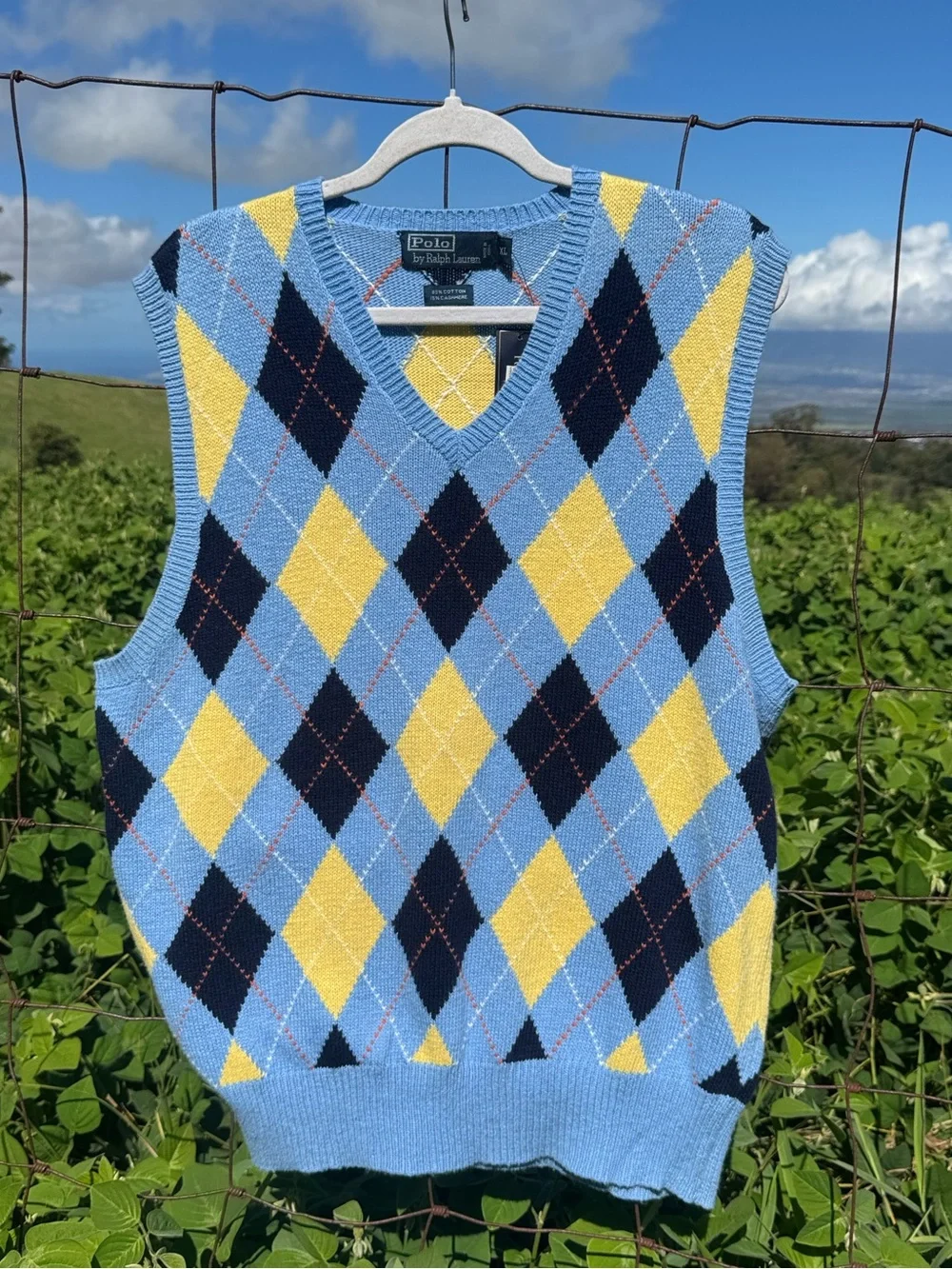Polo Ralph Lauren Argyle Cashmere Blend Sweater Vest Blue Yellow Preppy XL NWT
